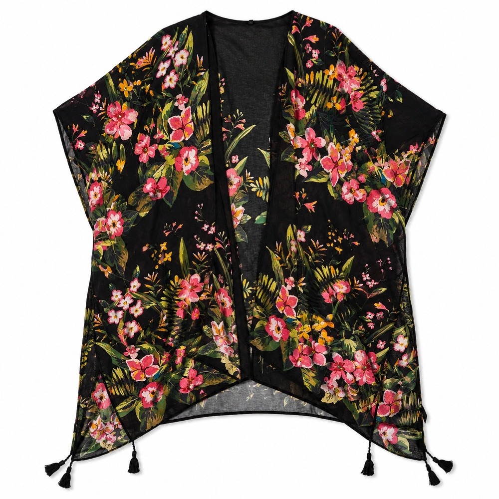 Do Everything Love Sheer Kimono Black Tropical Tassel Beach Cover Up Dopamine